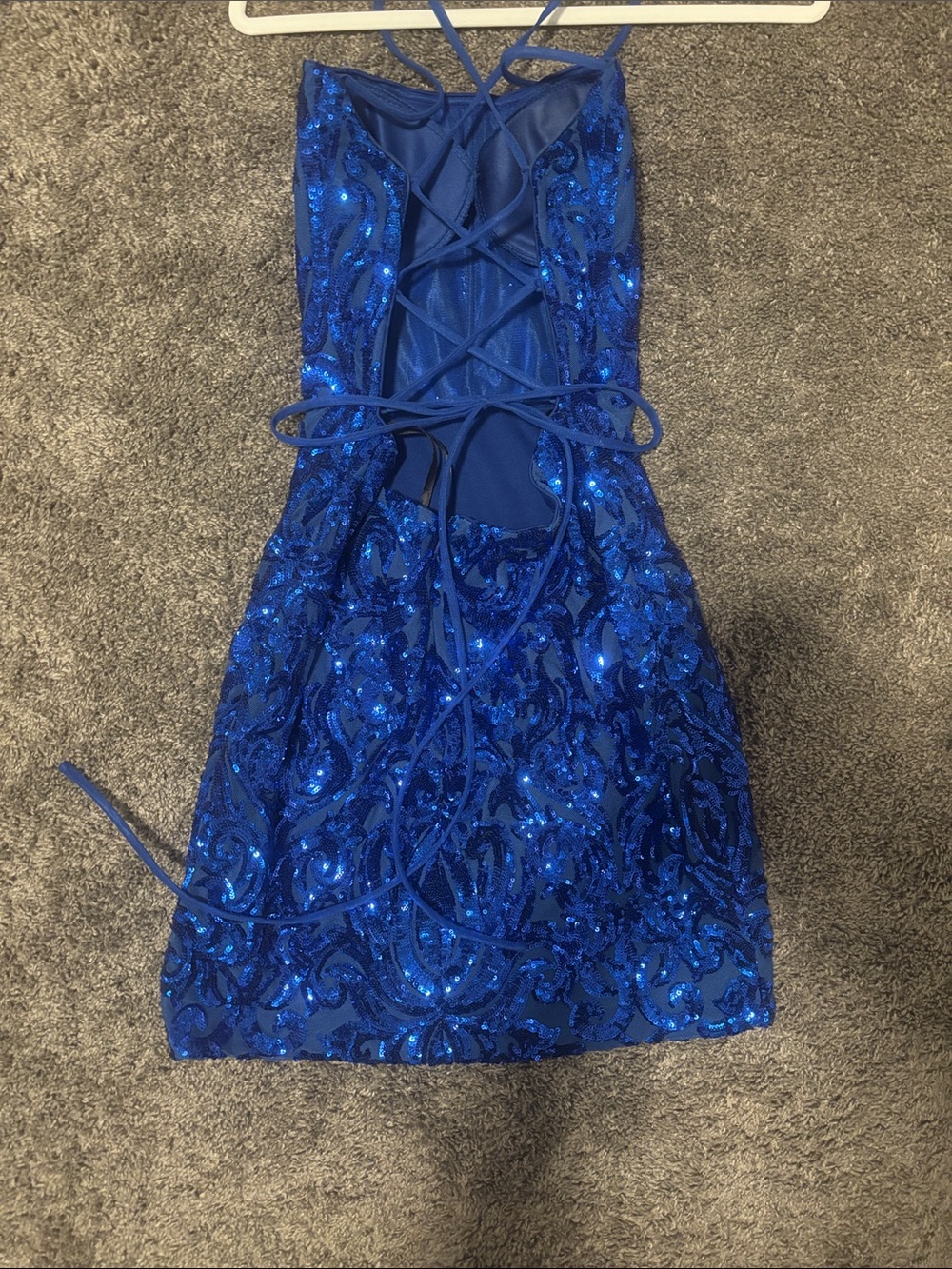 Alyce Paris Royal Blue Sequin Mini Dress Backless Lace Up Homecoming Size 8